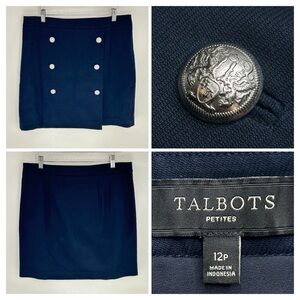Talbots Faux Wrap Silver Button Nautical Skirt Size 12P Petite Sailor Navy Blue